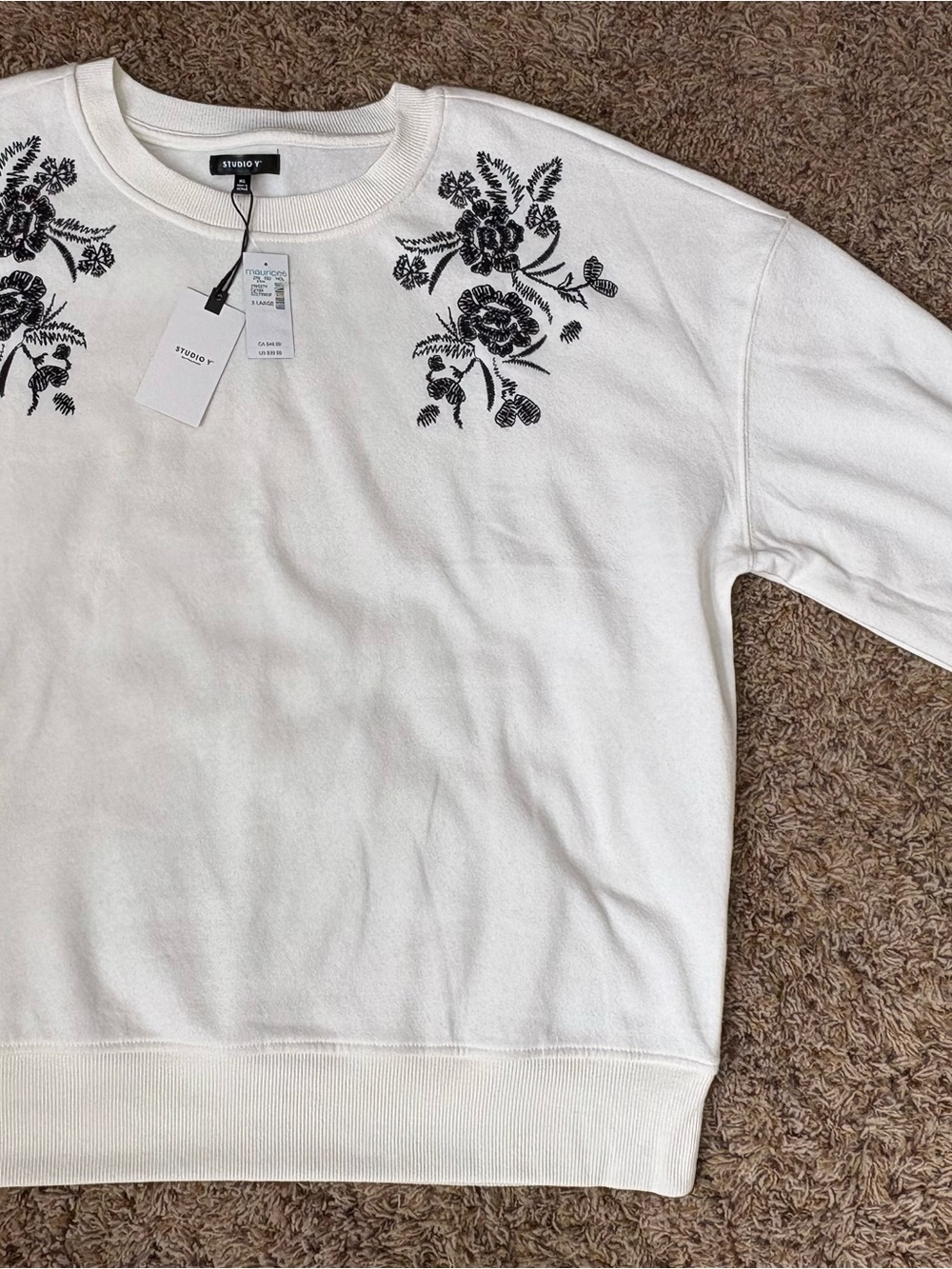 Maurices Studio Y White Crewneck with Black Floral Embroidery